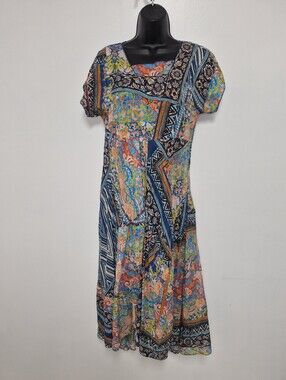 Johnny Was 100% Silk Patchwork Boho Lagenlook Maxi Dress sz PS
